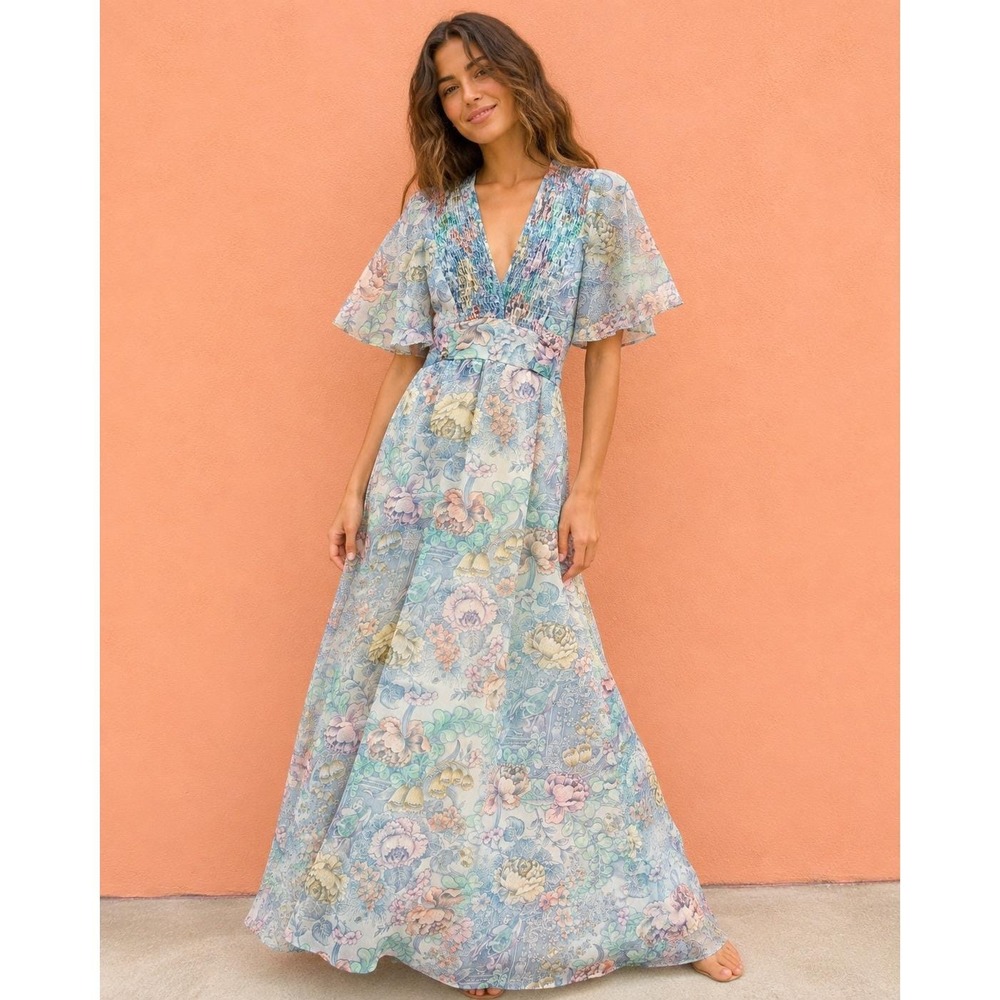 Vintage 70s Cottagecore Floral Angel Sleeve Maxi Dress Ethereal Boho XS/S